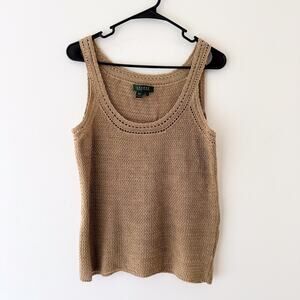 Lauren Ralph Lauren 100% Linen Knit Tank Top Brown Open Weave Minimalist L